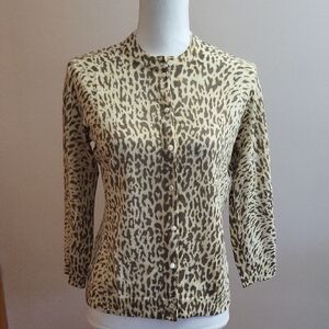Vintage J. Crew Animal Print Wool Cardigan Cream Brown Size Large